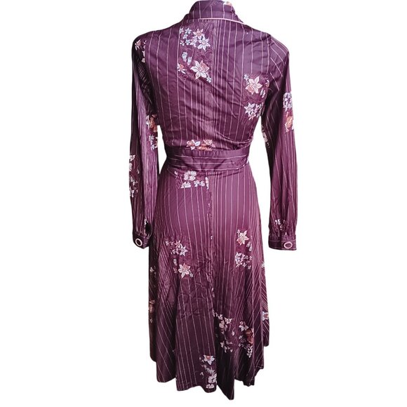 sz 8 True Vintage Boho Burgundy Midi Dress Belt Pinstripe Pattern Acetate 1970's - Picture 4 of 10